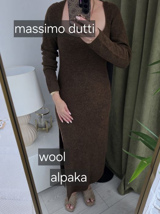 Massimo dutti długa sukienka dzianinowa czekoladowa  z wełną I alpaką L