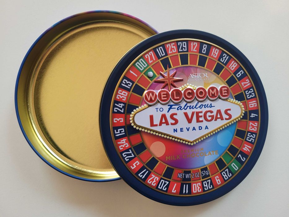 Pudełko metalowe, okrągła puszka, oryginalne opakowanie Las Vegas