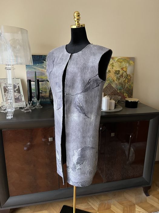 Fioletowa, szara, wełniana, długa kamizelka, wełna, filc