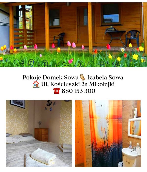 Centrum Mikołajki całoroczny domek letniskowy i pokoje z tarasami łazienkami aneksami zwierzęta mile widziane dobre ceny rodzinna atmosfera parking