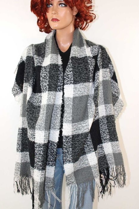 sl1 stylowy szal w kratkę modne frędzle 59x184