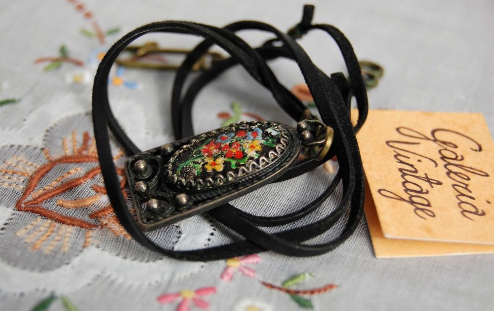 Stary wisior filigran, mosiądz, malowany, kwiaty, vintage