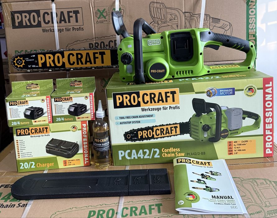 Пила акумуляторна PROCRAFT PCA42/2/ 2акб 4А/г + ЗП 20/2 /швидкість 12 м/с /шина 40см/ Гарантія 3 роки