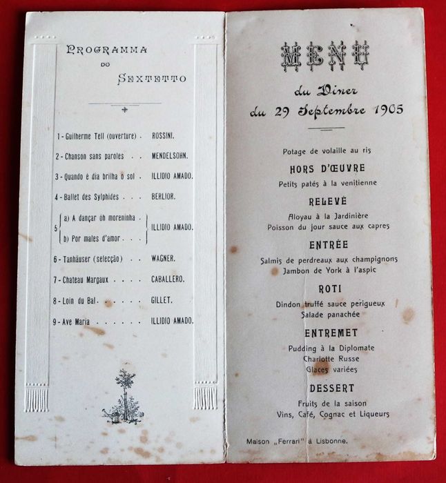 Queluz jantar 1905 menu e programa de música, Conde de Caparica