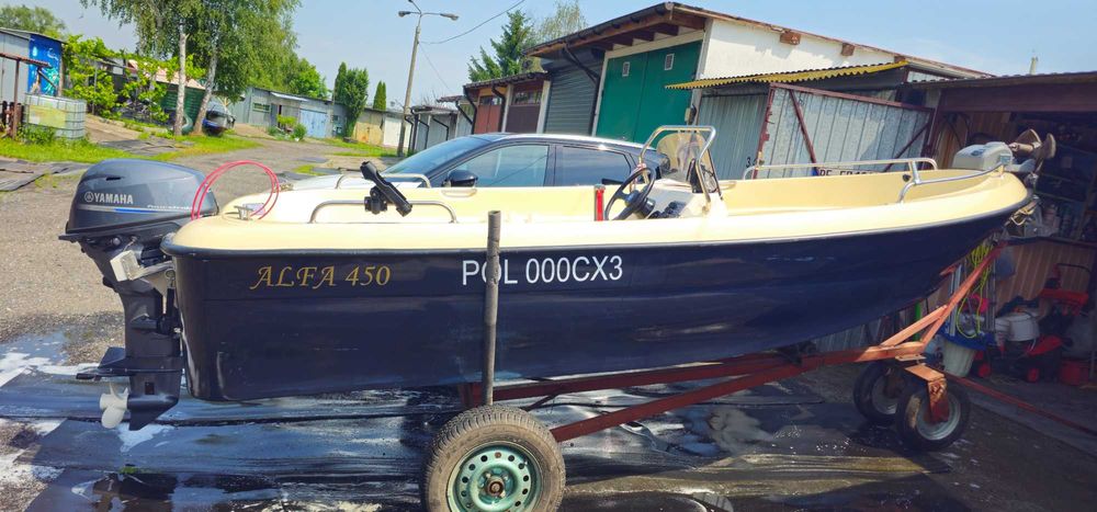 Łódź motorowa łódka wędkarska Alfa 450 + silnik yamaha 25getl + wózek slipowy
