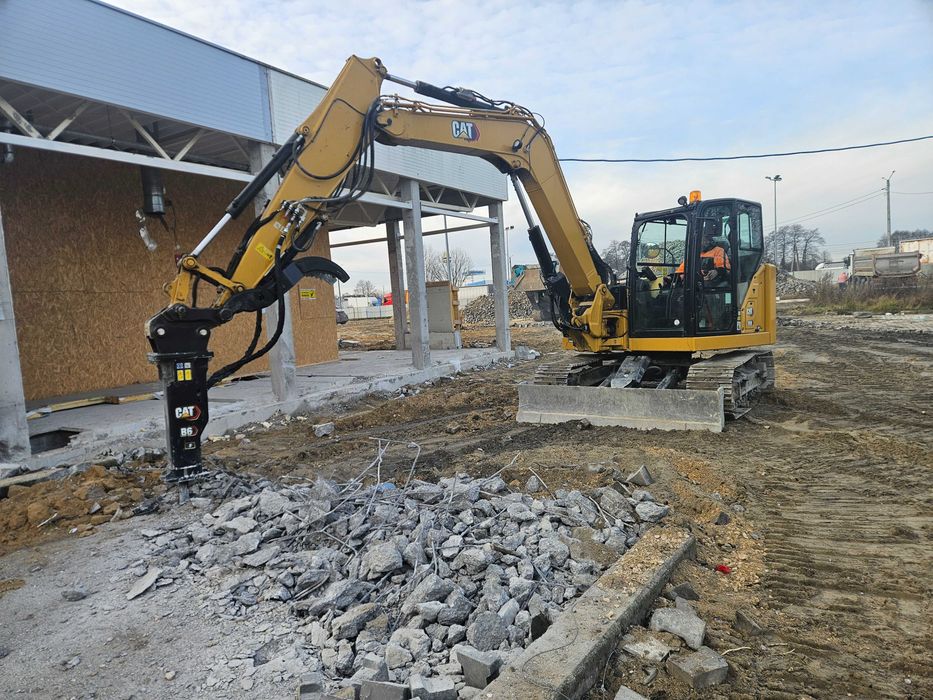 Wynajem koparki z młotem cat308 rozbiórki wyburzenia wywóz gruzu