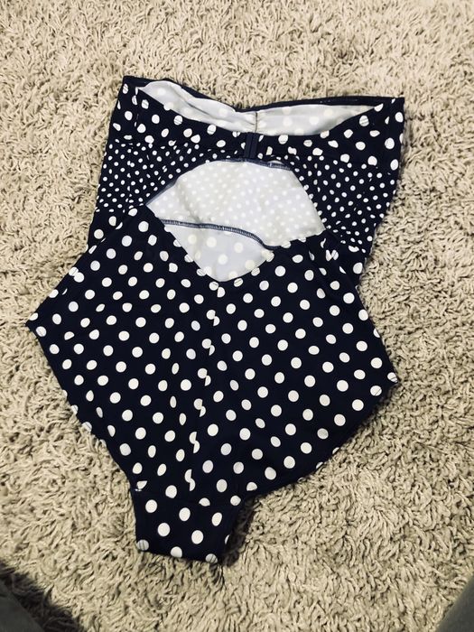 Bikini jednoczesciowy stroj kapielowy granatowy w biale kropki s