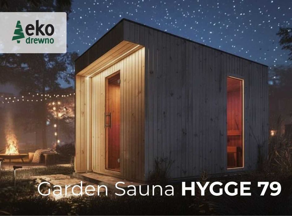 Drewniana sauna ogrodowa HYGGE 79 - domek saunowy sauna ogrodowa z piecem Harvia Cylindro 9KW gotowa sauna z montażem sauna świerkowa. EKODREWNO