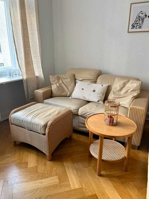 Zestaw wypoczynkowy rattanowy rattan skóra 2x sofa + pufa regulacja