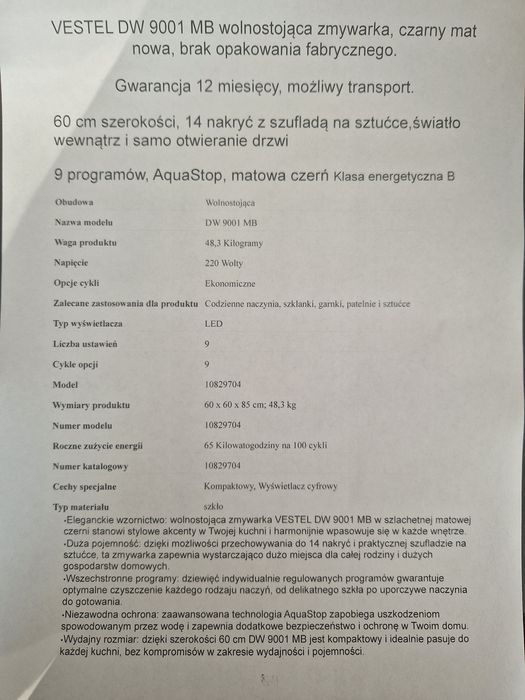 Wolnostojąca zmywarka do naczyń VESTEL 9001 MB 60cm