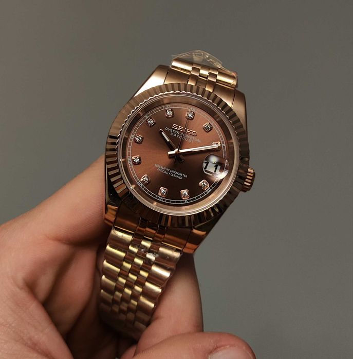 Seiko MOD Datejust Brązowy Czekoladowy Diamond Rose Gold Nowy Custom Jubilee Zegarek Męski Diamenty