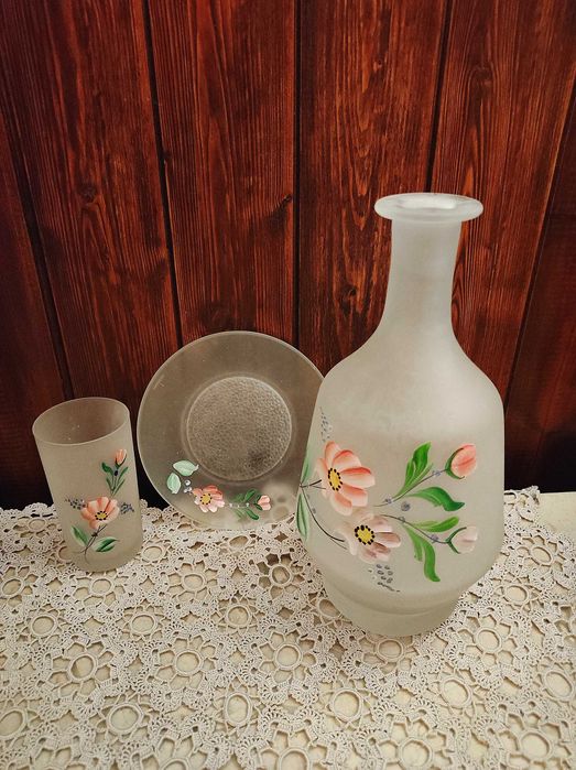 Garrafa água quarto mesa cabeceira vidro pintada mão antiga 70s 80s