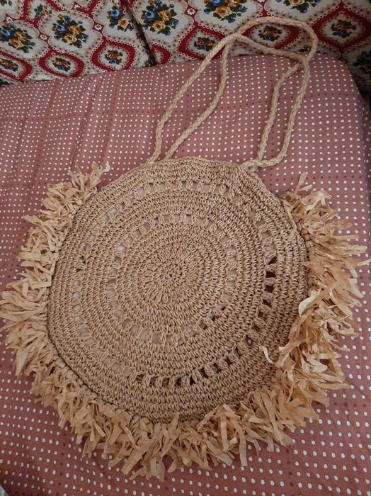Mala redonda de crochet de Ráfia natural