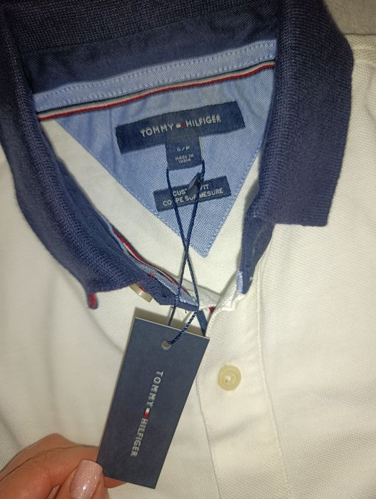 Nowa Koszulka Polo TOMMY HILFIGER Biała Granatowy Kołnierzyk r. S Custom Fit ORYGINAŁ