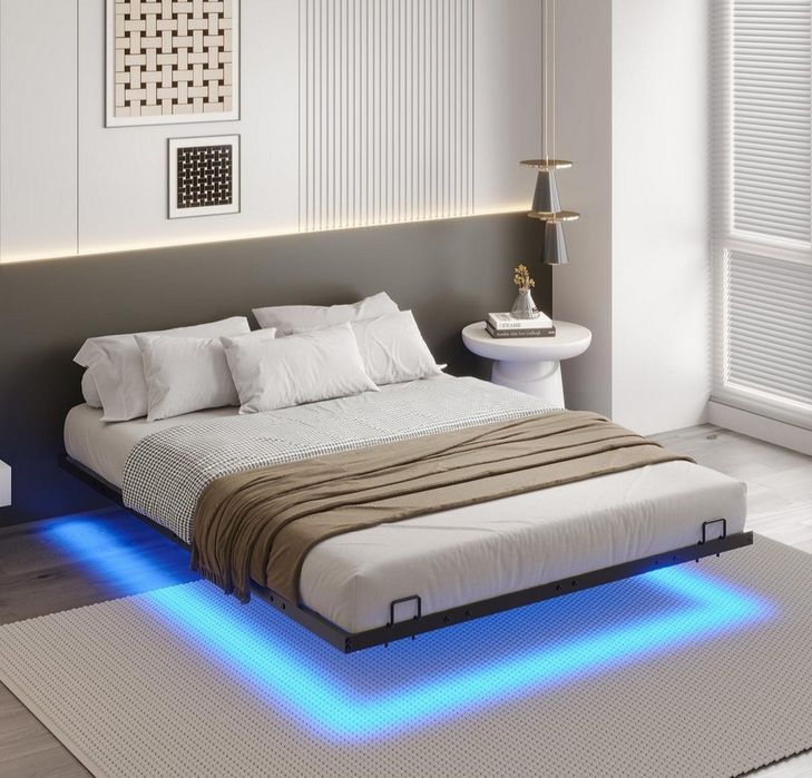 Łóżko metalowe efekt unoszenia się w powietrzu z oświetleniem LED 140