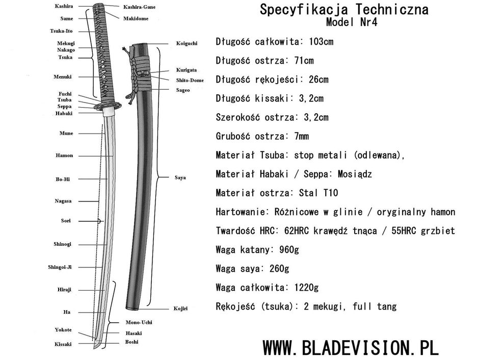 Katana kolekcjonerska stal T10 62 HRC miecz japoński od ręki PL 24H