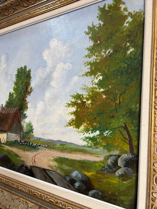 Obraz olejny malowany na płótnie wiejska chata piękna rama złota
