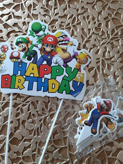 Topper tort urodzinowy Super Mario toppery babeczki muffinki