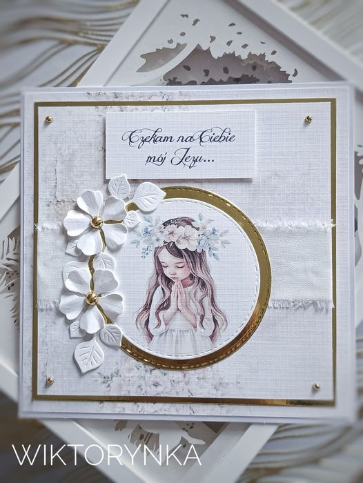 Kartka komunijna dla dziewczynki, ręcznie robiona, personalizowana.