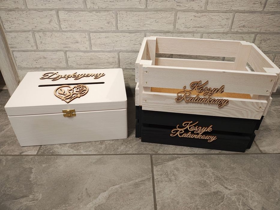 Nowa skrzynka na koperty koszyki ratunkowe ślub wesele białe drewniane