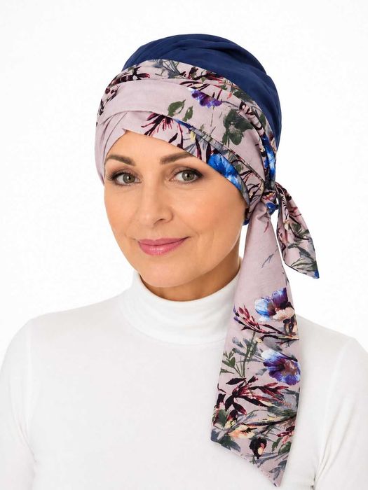 Turban , chusta po chemii Aster w kolorze niebieskim chabrowym -Nessaja salon peruk Kraków