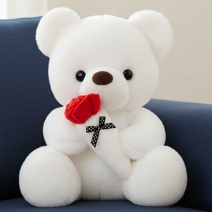 Pluszowy Biały Miś 32 cm z czerwoną różą prezent na Walentynki