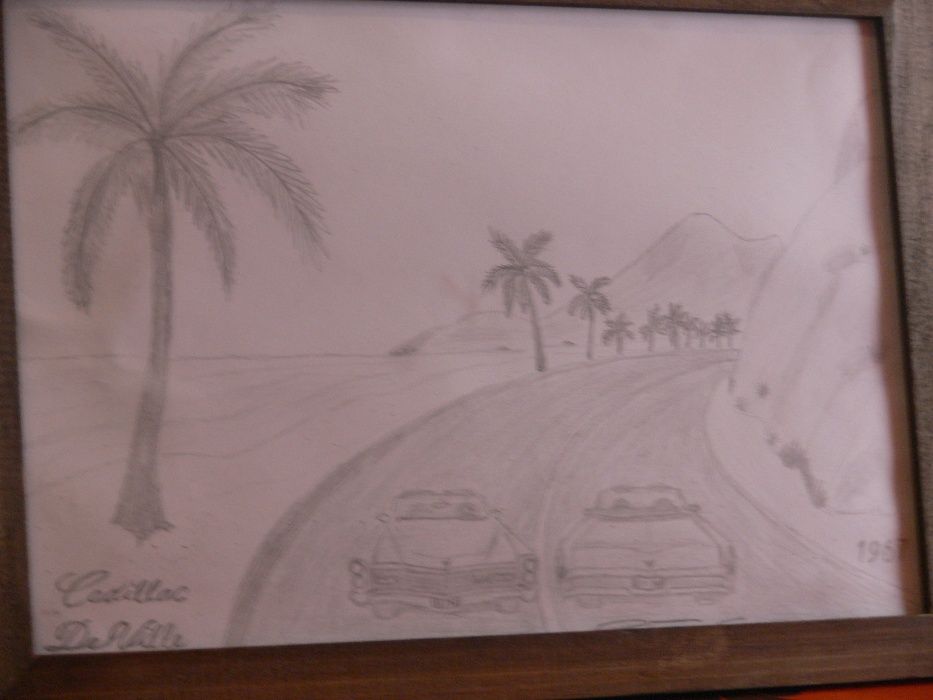 A4-sized graphite drawing featuring historic 20th-century cars