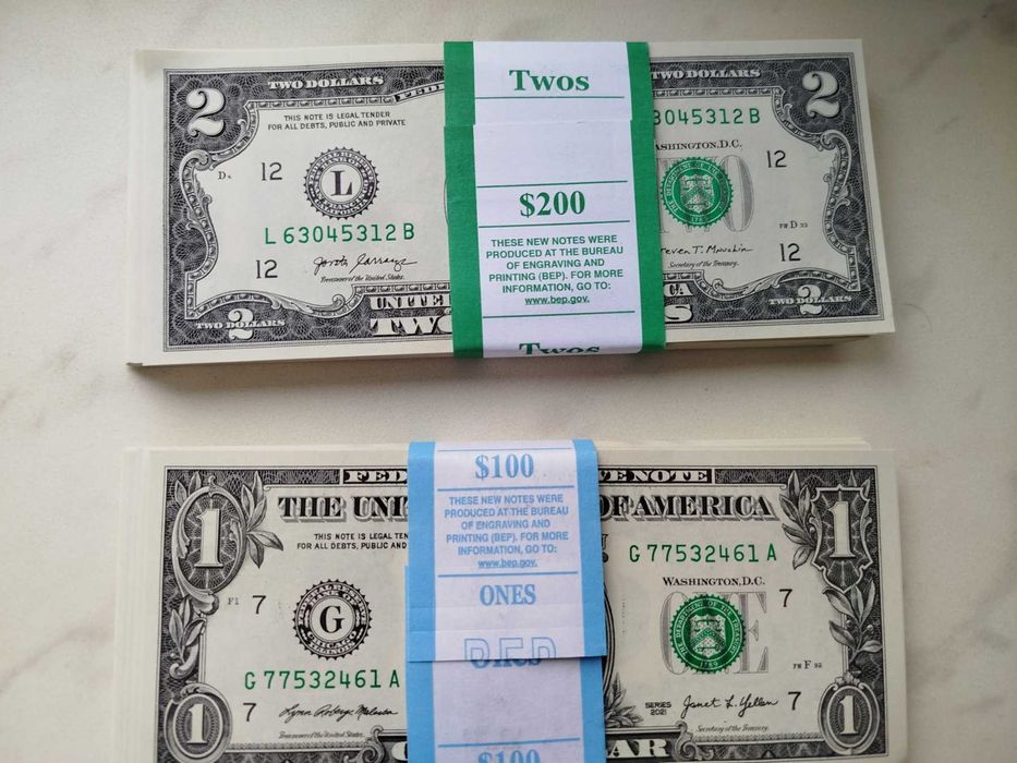 Нові 1 та 2 долари США з банківської пачки 1$-2$ Доллара UNC №подряд