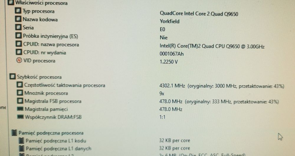 Intel Core 2 Quad Q9650 3GHz OC 4.3GHz  +1.3GHz Yorkfield  LGA 775
