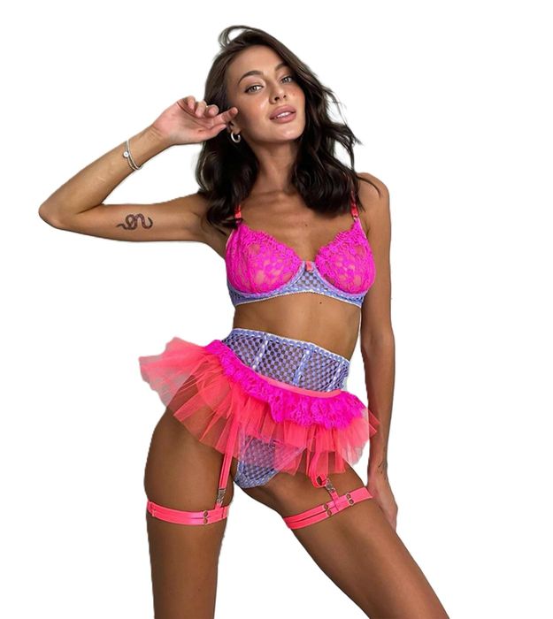 Miluza komplet bielizny z pasem do pończoch z falbanką wielokolorowy