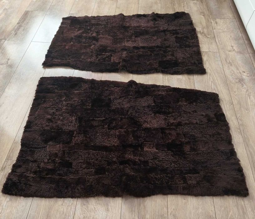 Narzuta dywanik z naturalnego futra owczego – patchwork, PRL, brązowy