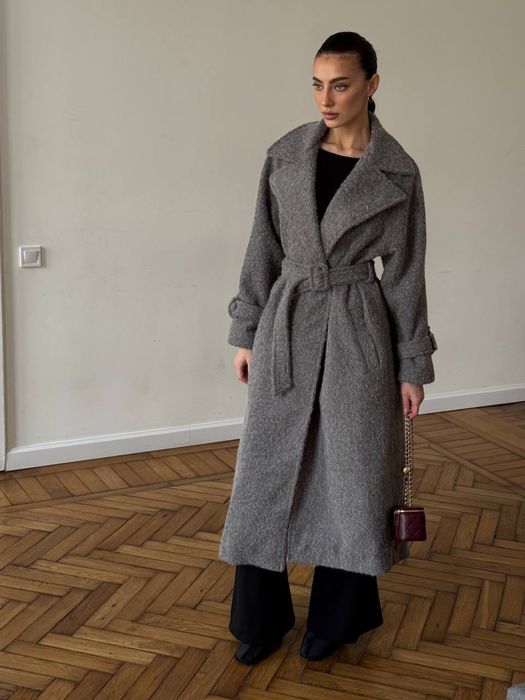 Пальто з поясом на підкладці сіре тепле кашемір альпака гарне оверсайз