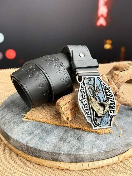 Pasek męski ryba Fish wędkarz wędkarski jeans western czarny Black