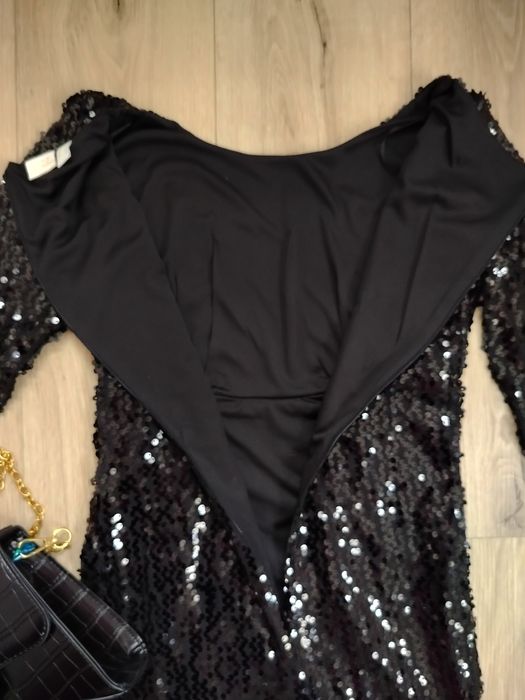 Sukienka cekinowa maxi czarna kobieca evening glam 34 stan b. Dobry