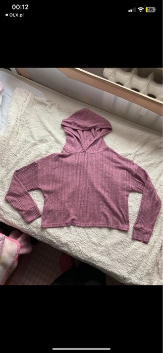 Luźna bluza sweterek z kapturem cienki miękki pudrowy róż M/L