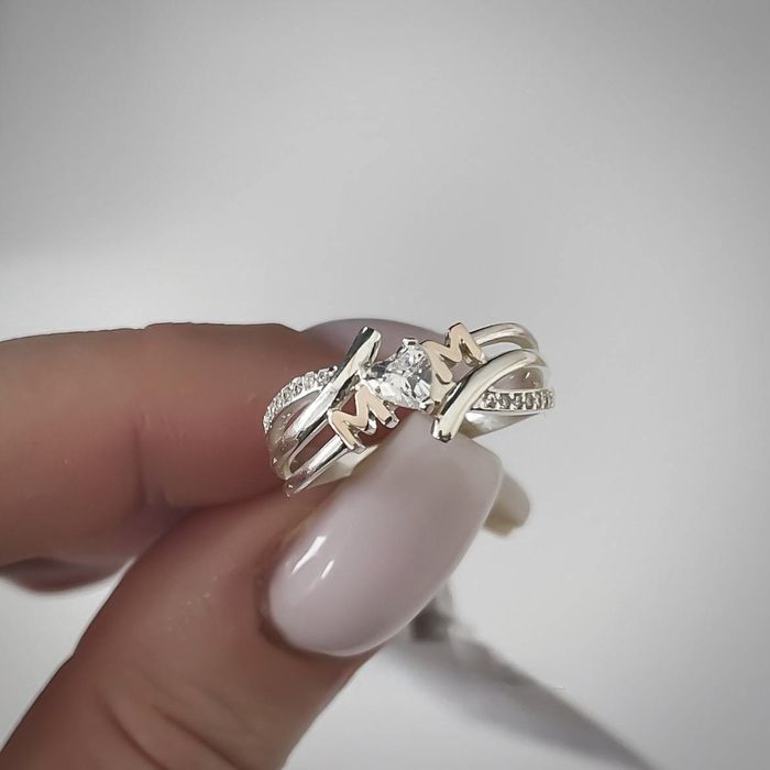 Кольцо Каблучка Мама Срібло 925 з фіанітами+пластина золота 375