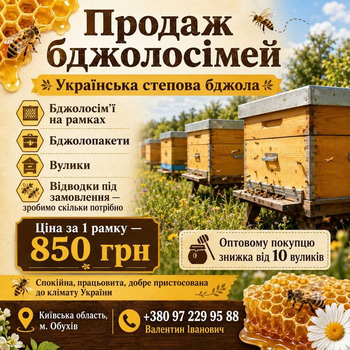 Продам Бджоли,бджолосім’ї, бджолопакети, вулики. Українська степова