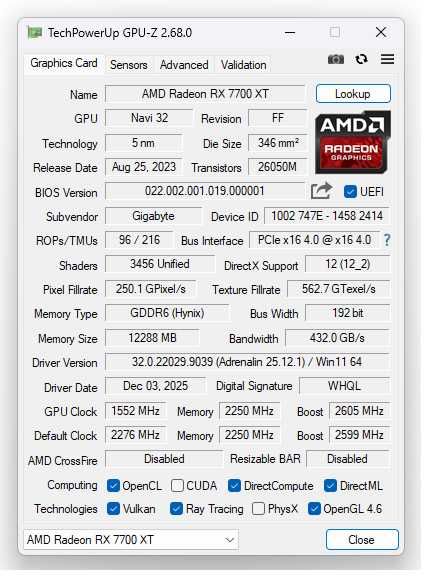 Продам Gigabyte Radeon RX 7700 XT Gaming OC 12GB