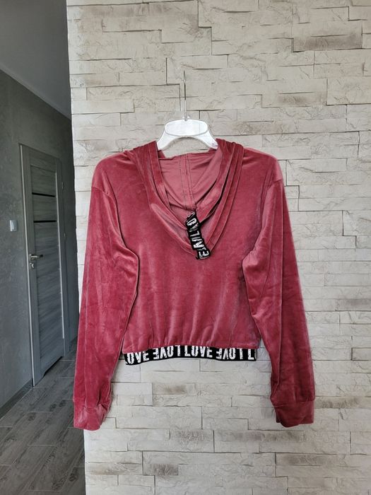 Nowy welurowy różowy dres bluza z kapturem+spodnie rurki wysoki stan L