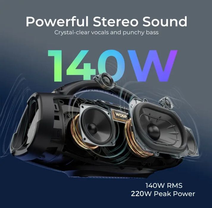 Głośnik W-King X20S 140W Subwoofer  Boombox  Aplikacja EQ  Bluetooth 5.4 MicroSD USB 2.0 Wejście gitarowe Radio FM