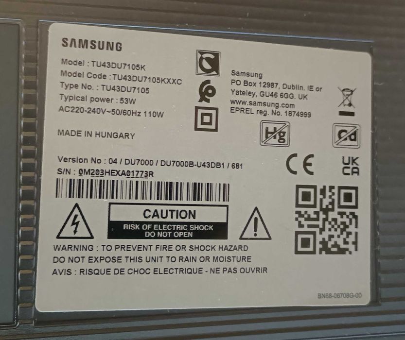 Smart TV 4K Samsung 43" (Modelo TU43DU7105K) usada