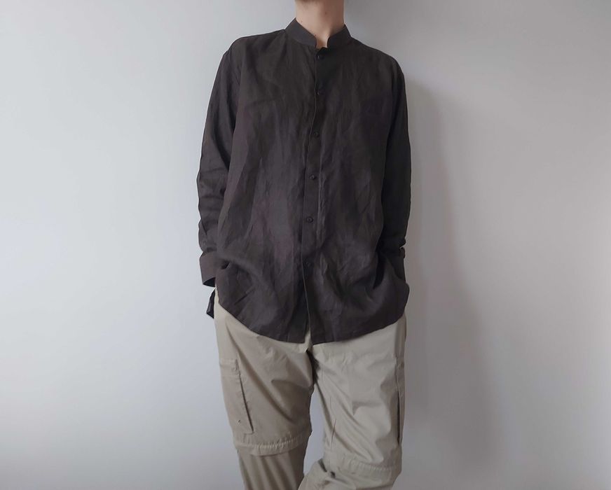 Czekoladowo-brązowa męska koszula lniana, długi rękaw, rozmiar XL/XXL