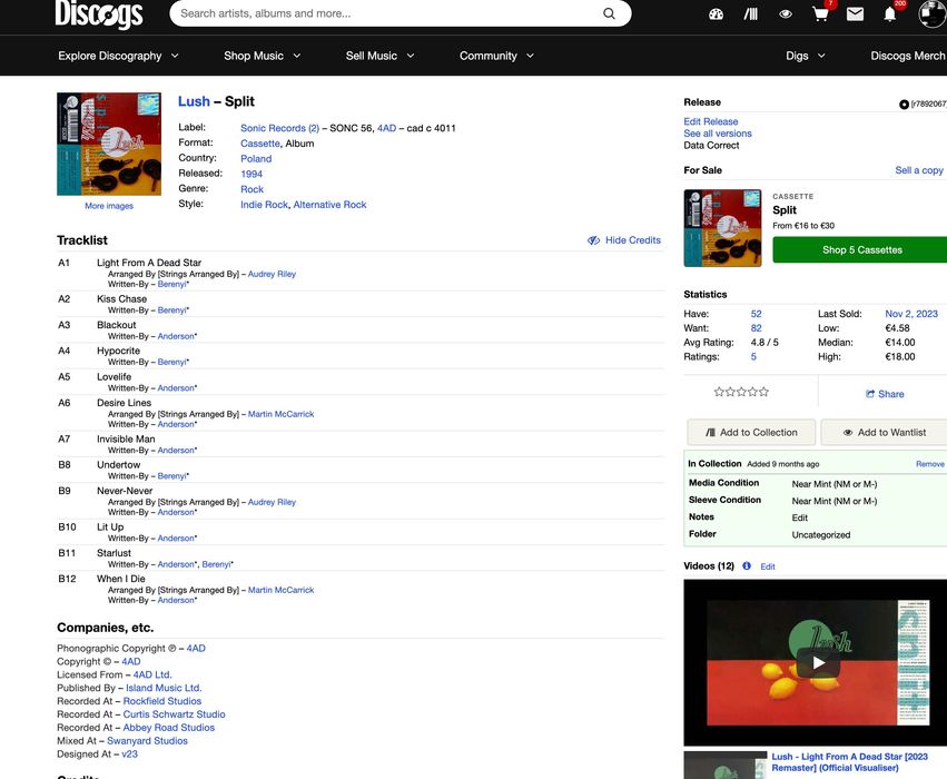 3 kasety 4AD Lush Split, Throwing Muses Limbo, Belly King. Nowe!