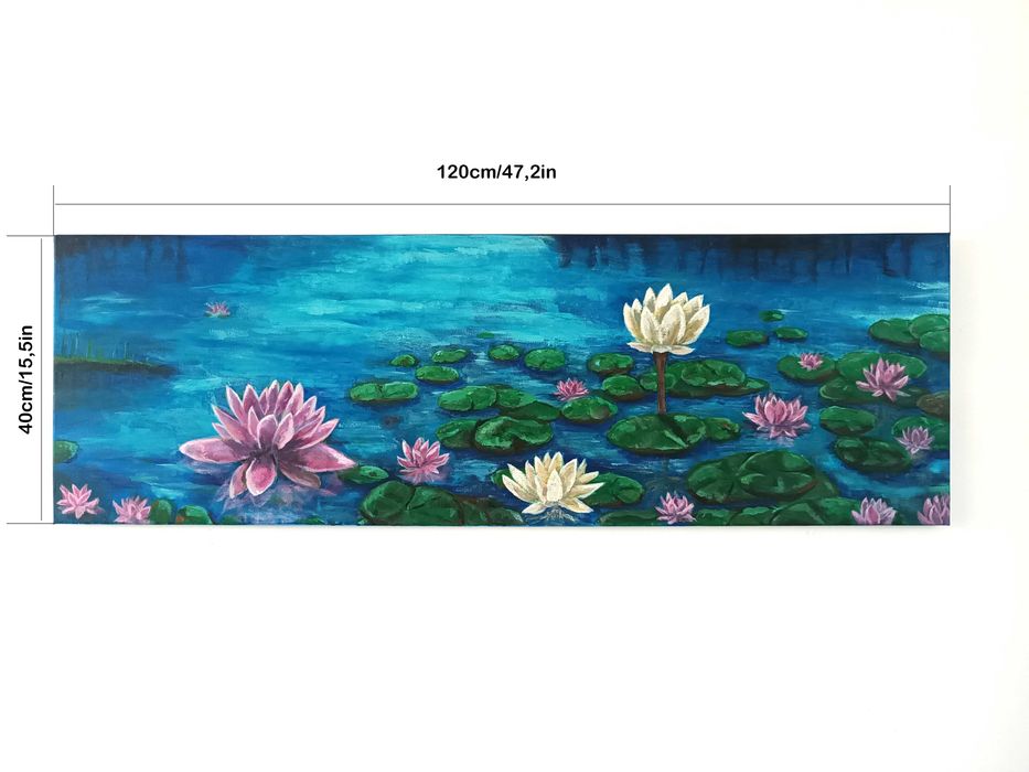 Obraz malowany na płótnie od artysty, tytuł "Lilie wodne" - 120x40cm