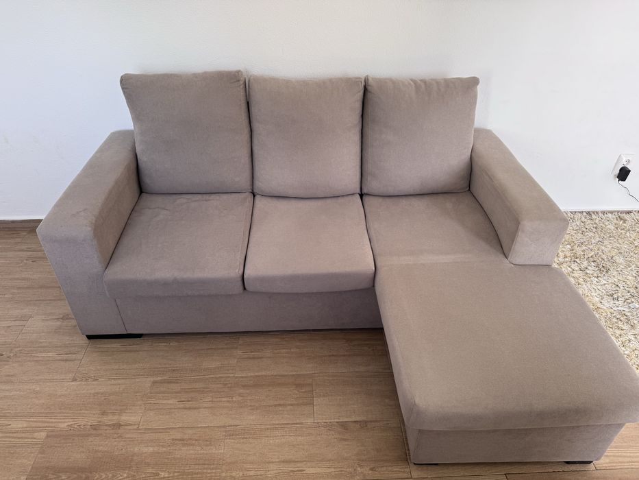 Sofá 3 Lugares com Chaise Longue Reversível | Tecido Cinza | Capa Lavável
