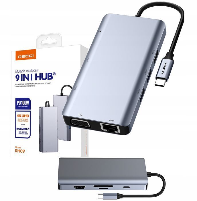 Adapter 9W1 Hub Usb-C Do Hdmi 4K Usb 3.0 Karta Sd Vga Rj 45 Sieciowa