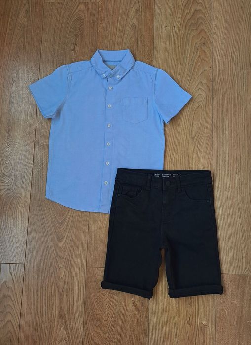 Комплект/чёрные джинсовые шорты и голубая рубашка тенниска для мальчика