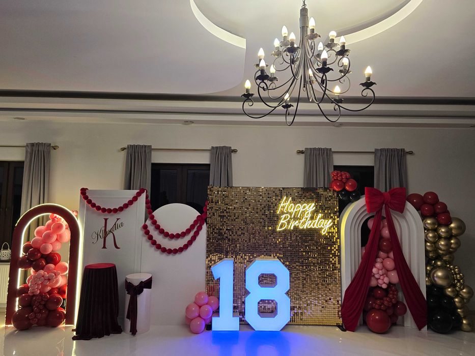 Dekoracje urodzinowe, ścianki balonowe, ścianki cekinowe