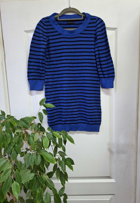 Sweter niebieski w czarne paski 3/4 rękaw miękki długi Mohito M (38)