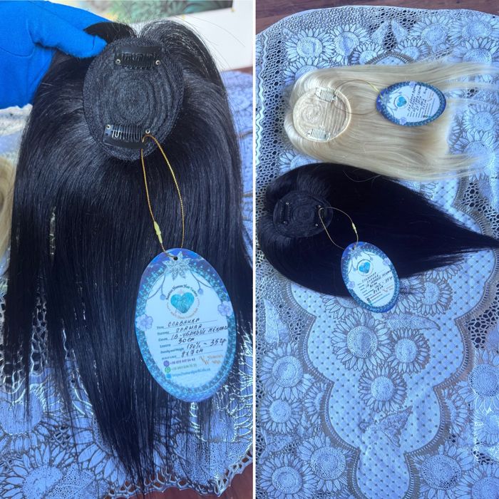 Натуральная накладка топпер челка славянские чёрные волосы